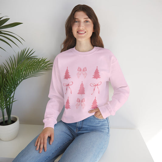 Pink Coquette Christmas Sweatshirt with Bows & Pink Trees - Perfect for Women/Girls/Teens